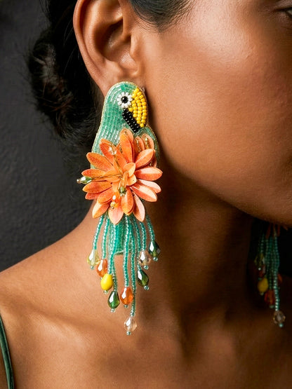 Luxe Paradise Mint Lagoon Orange Parrot Earrings Handmade Beaded Bird Earrings
