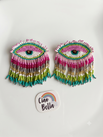 Cotton Candy Pink Evil Eye Handmade Beaded Tassel Earrings