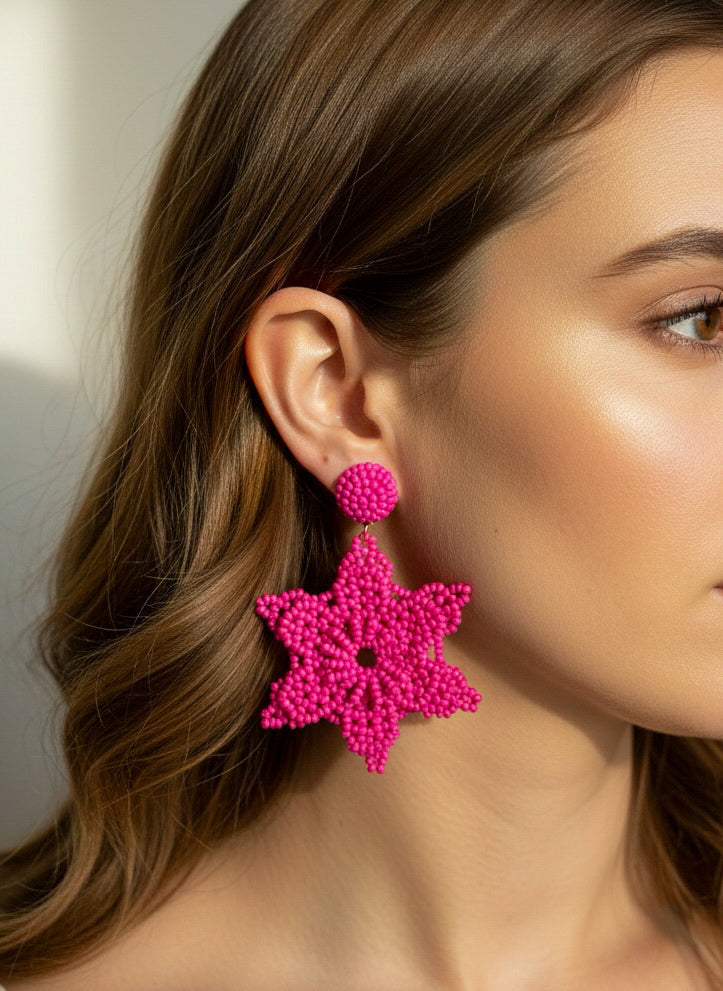 Fuchsia Delicate Snowflake Handmade Beaded Earrings