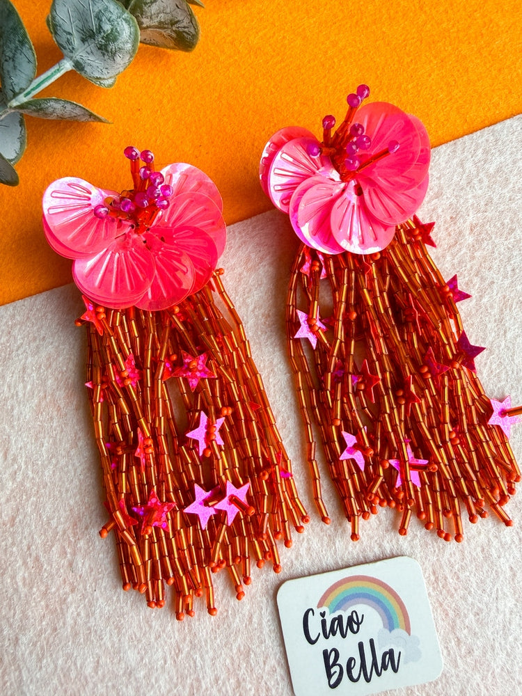 Sunset Pink Orange Star Flower Handmade Beaded Earrings