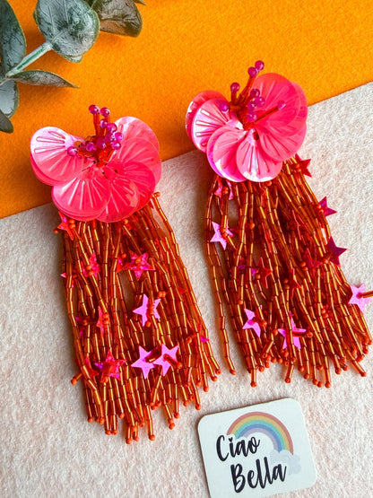 Sunset Pink Orange Star Flower Handmade Beaded Earrings