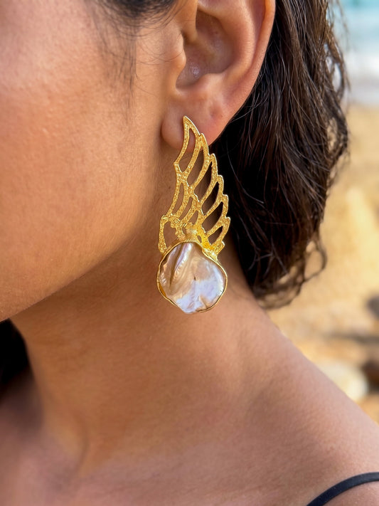 Angel Wings Mother of Pearl Handmade Brass Earrings