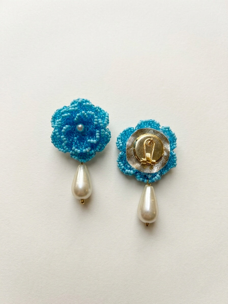 Crochet Aqua Blue 3D Rose Pearl Drops Flower Handmade Beaded Earrings