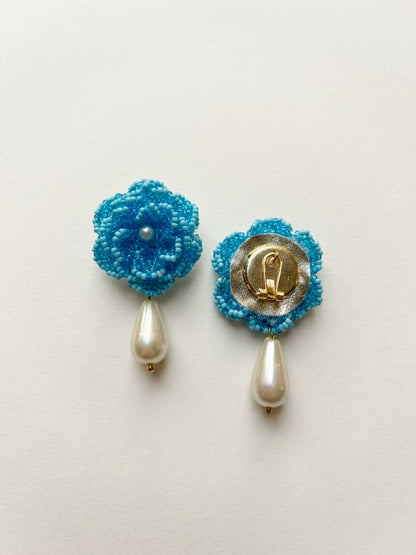 Crochet Aqua Blue 3D Rose Pearl Drops Flower Handmade Beaded Earrings