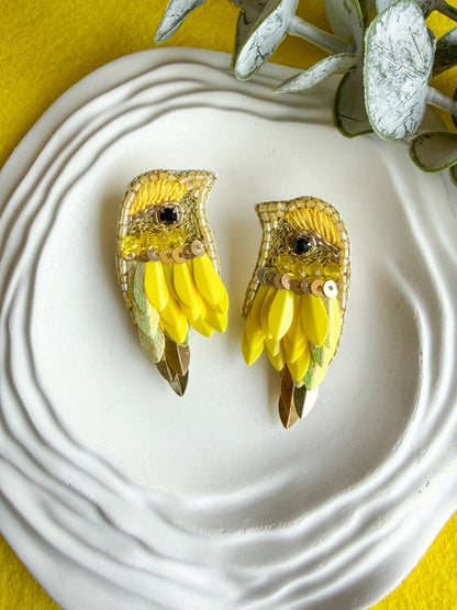 Chirpy Sunny Yellow Parrot Handmade Beaded Bird Earrings