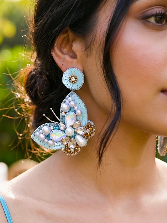 Luxe Crystal Aqua Blue Handmade Beaded Butterfly Earrings