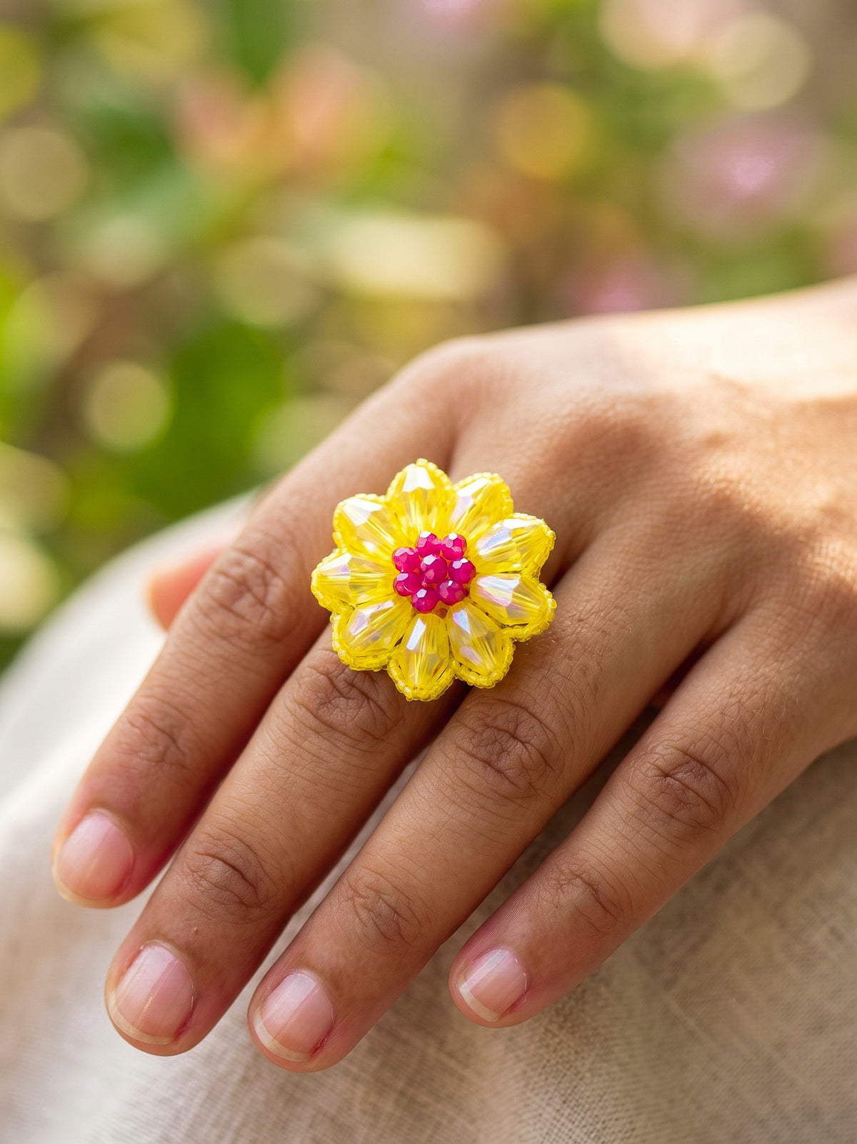 Sparkling Daisy Yellow Pink Handmade Beaded Flower Ring