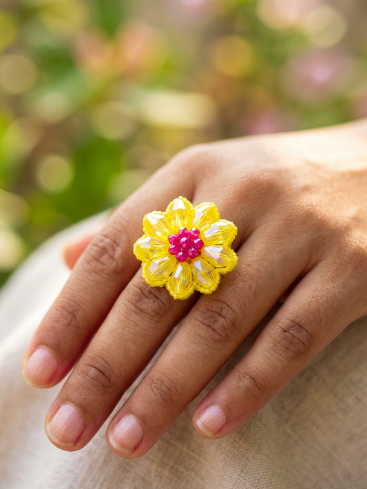 Sparkling Daisy Yellow Pink Handmade Beaded Flower Ring