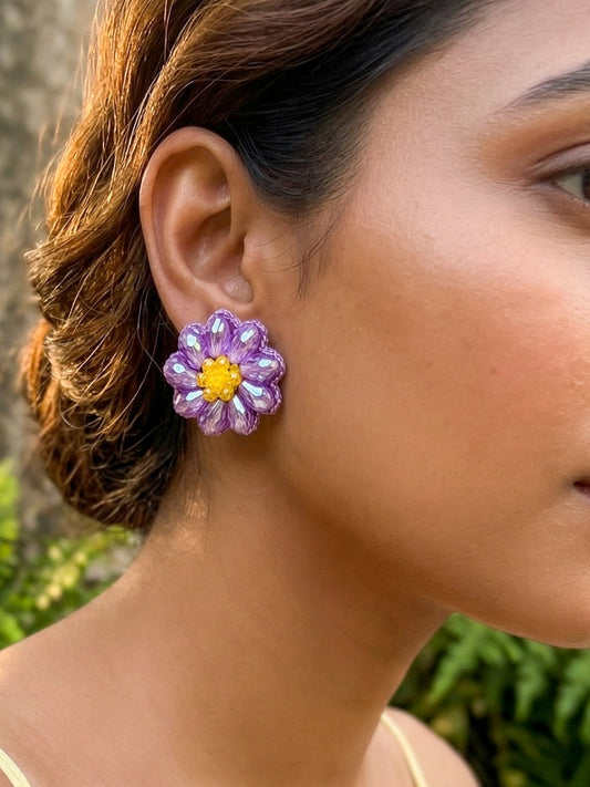 Sparkling Lilac Purple Flower Handmade Beaded Stud Earrings