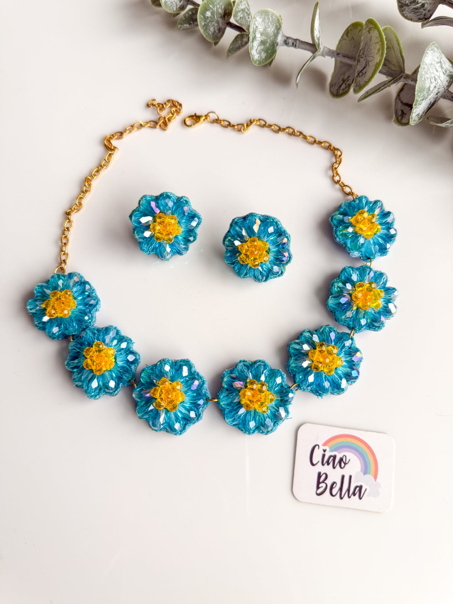 Sparkling Aqua Blue Daisy Handmade Beaded Necklace + Earrings Set
