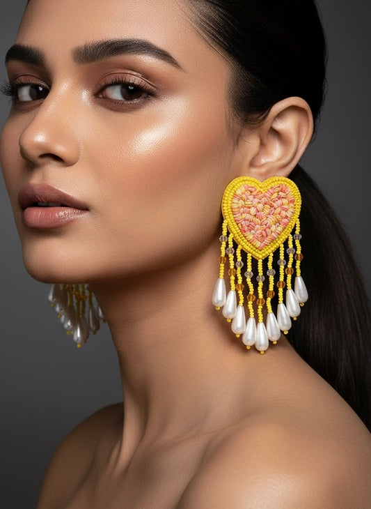 Sunny Heart Drop Tassel Handmade Beaded Earrings