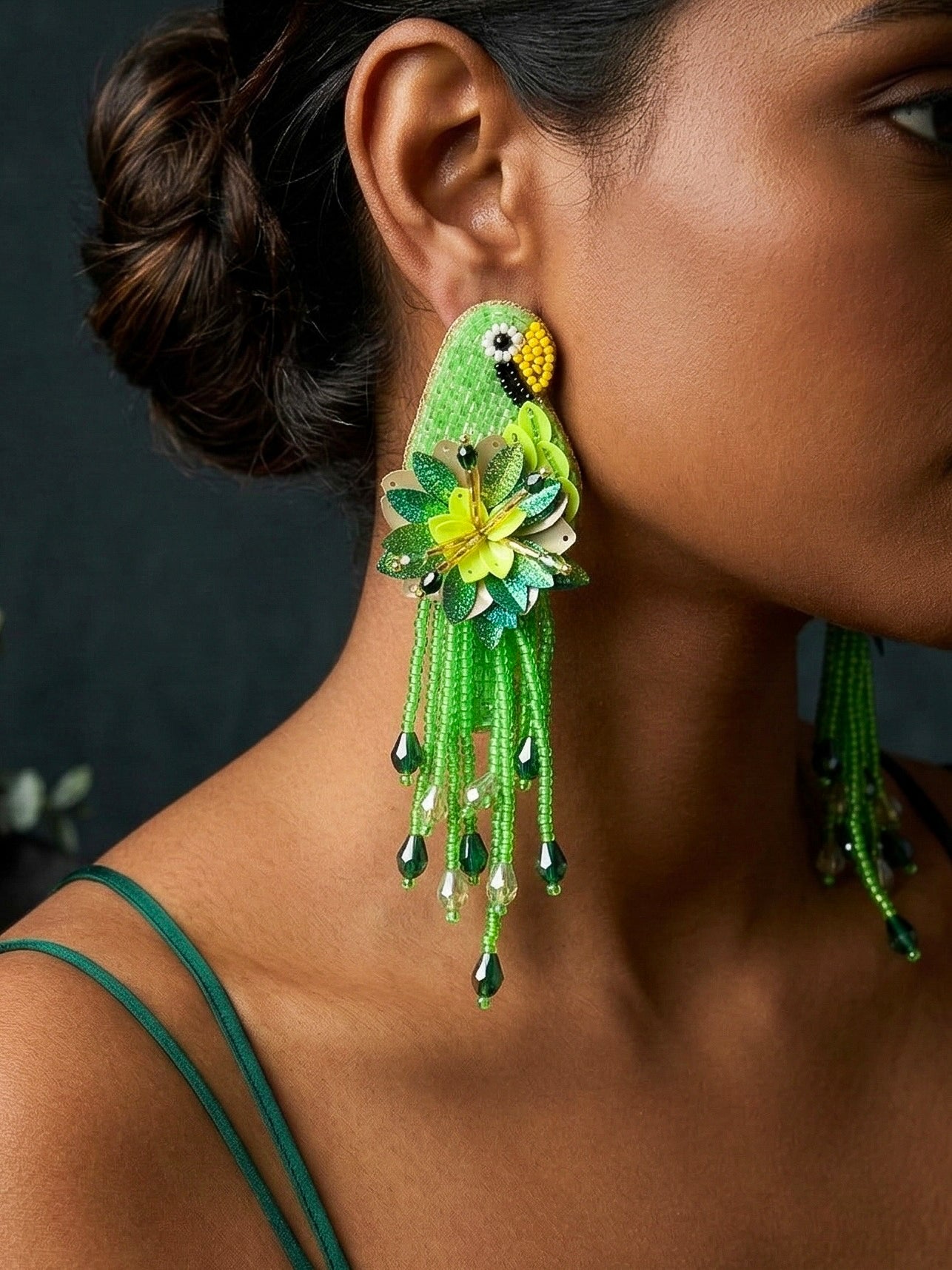 Luxe Paradise Green Parrot Earrings Handmade Beaded Bird Earrings