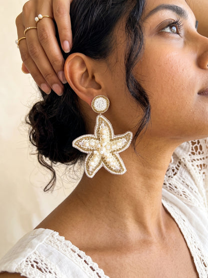 Ivory Pearl Glam Starfish Handmade Beaded Earrings