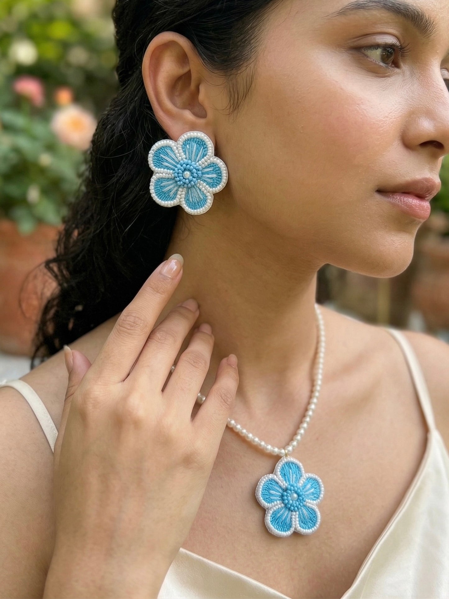 Aqua Blue Blossom Flower Handmade Beaded Necklace + Earrings Set