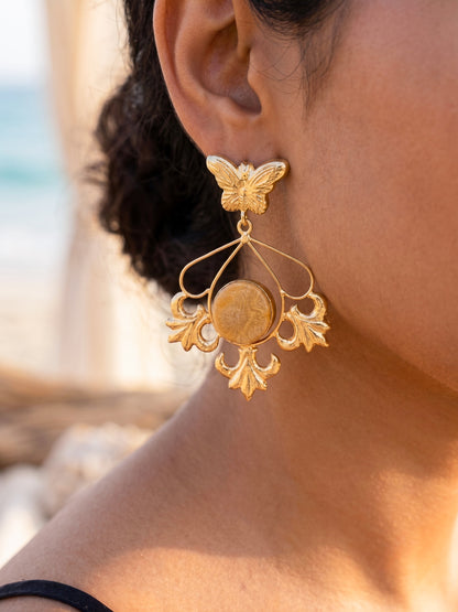 Elowen Butterfly Drops Mustard Beige Handmade Brass Earrings