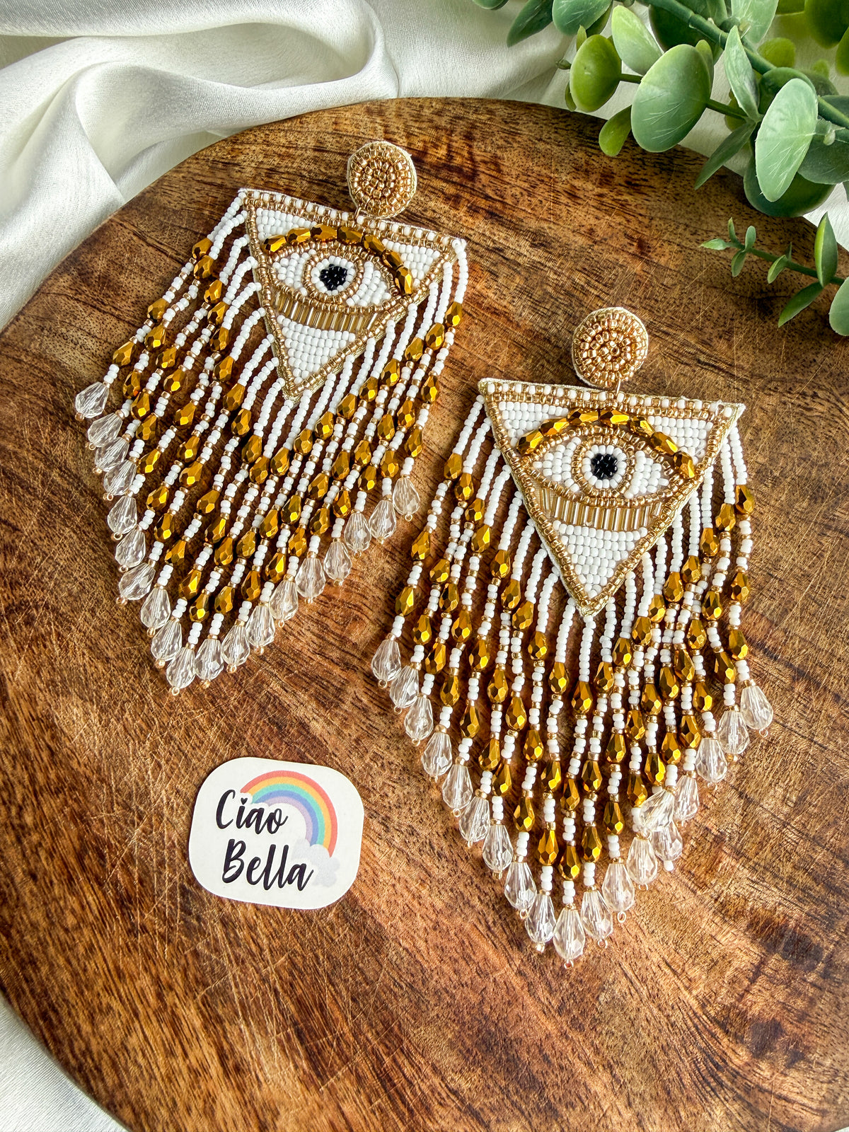 Luxe Evil Eye White Handmade Beaded Tassel Earrings