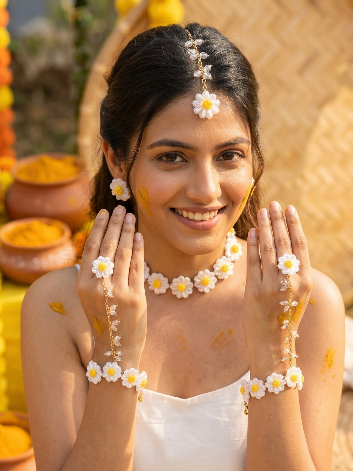 Sparkling White Daisy Handmade Beaded Haldi Jewellery Set (Necklace + Earrings + Hathphools + Maangtika)