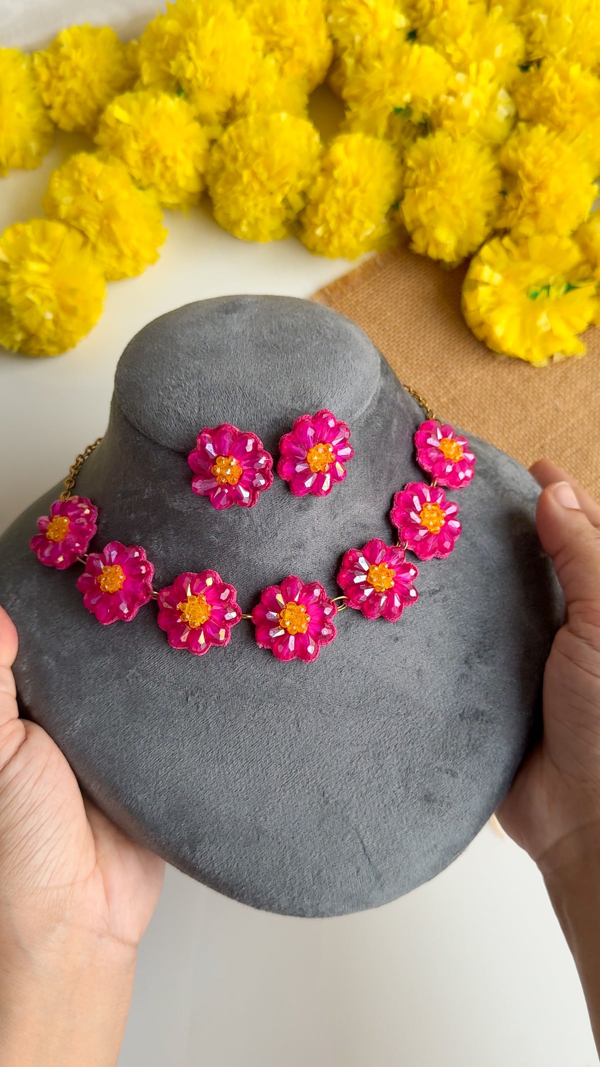 Sparkling Hot Pink Daisy Flower Handmade Beaded Necklace + Earrings Set