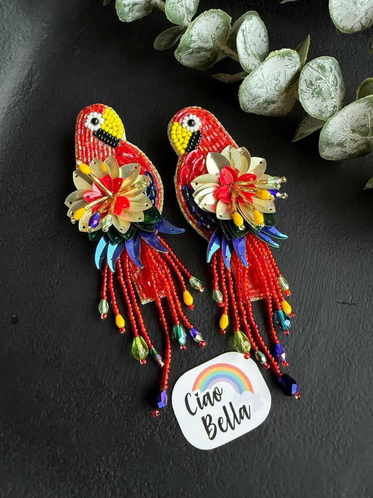 Luxe Paradise Red Parrot Handmade Beaded Bird Earrings