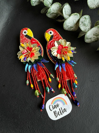 Luxe Paradise Red Parrot Handmade Beaded Bird Earrings