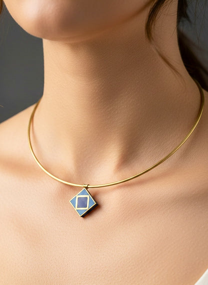 Blue Mosaic Brass Hasli Necklace