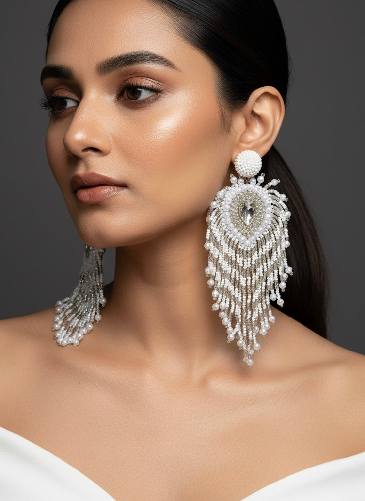 Noorani Peacock Handmade Beaded Bird Feather Tassel Earrings