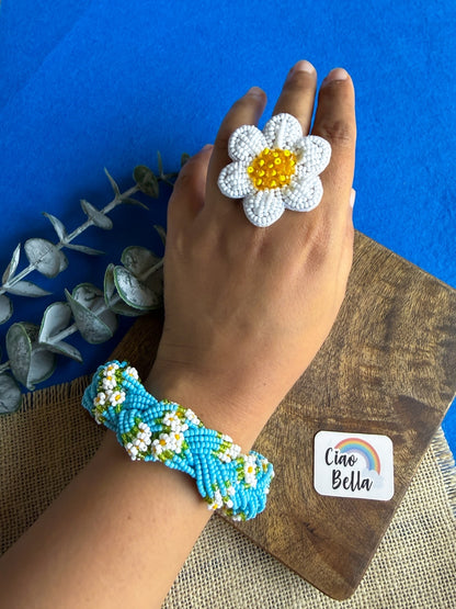 Luxe Flora Aqua Blue Handmade Beaded Bracelet + Ring Combo