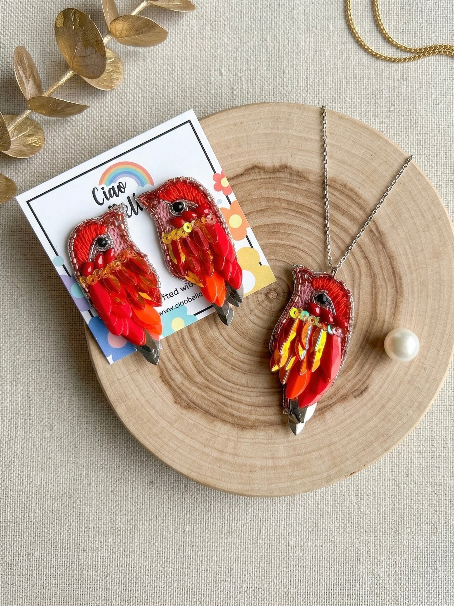 Chirpy Sunset Orange Parrot Handmade Beaded Necklace + Earrings Set