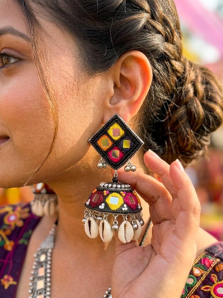 Navrang Mirror Handmade Beaded Jhumka Earrings
