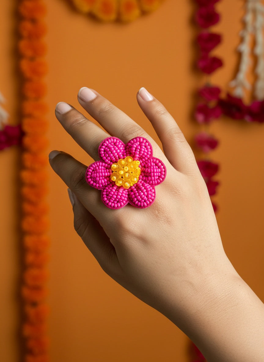 Pink Daisy Handmade Beaded Flower Ring