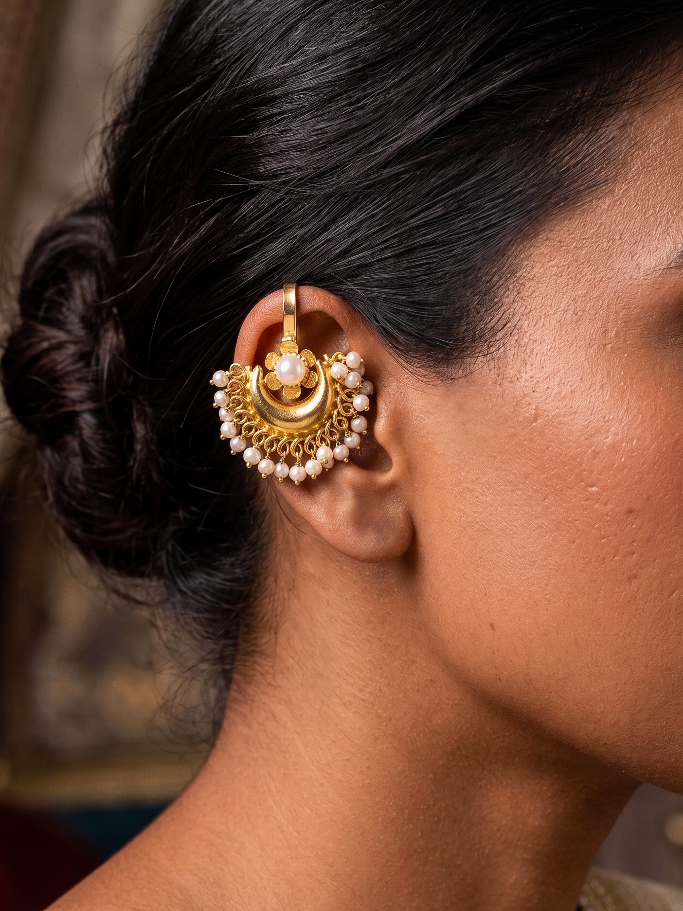 Noor Crescent Bugadi Pearl Handmade Brass Earrings