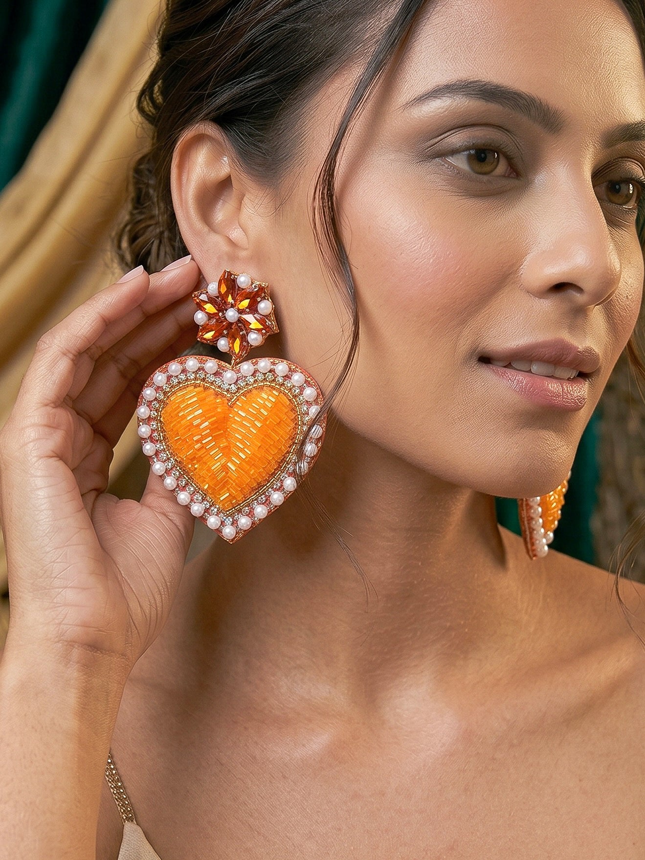 Ishqiya Orange Heart Drop Handmade Beaded Earrings