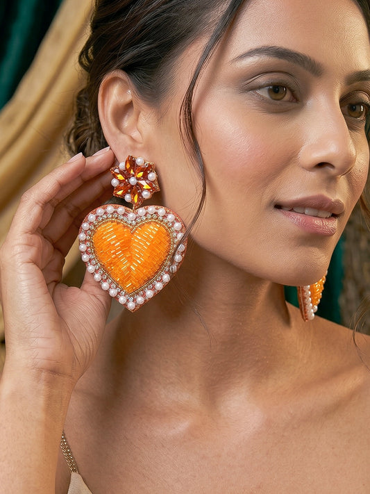 Ishqiya Orange Heart Drop Handmade Beaded Earrings