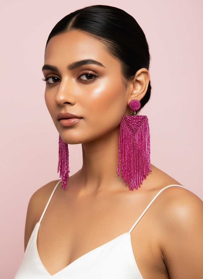 Luxe Rosey Handmade Beaded Tassel Earrings