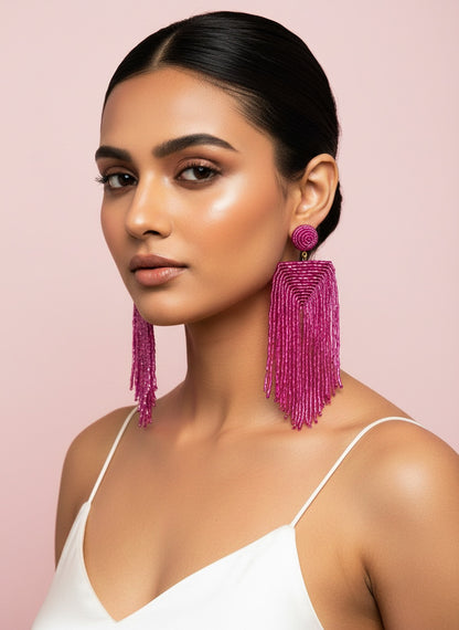 Luxe Rosey Handmade Beaded Tassel Earrings