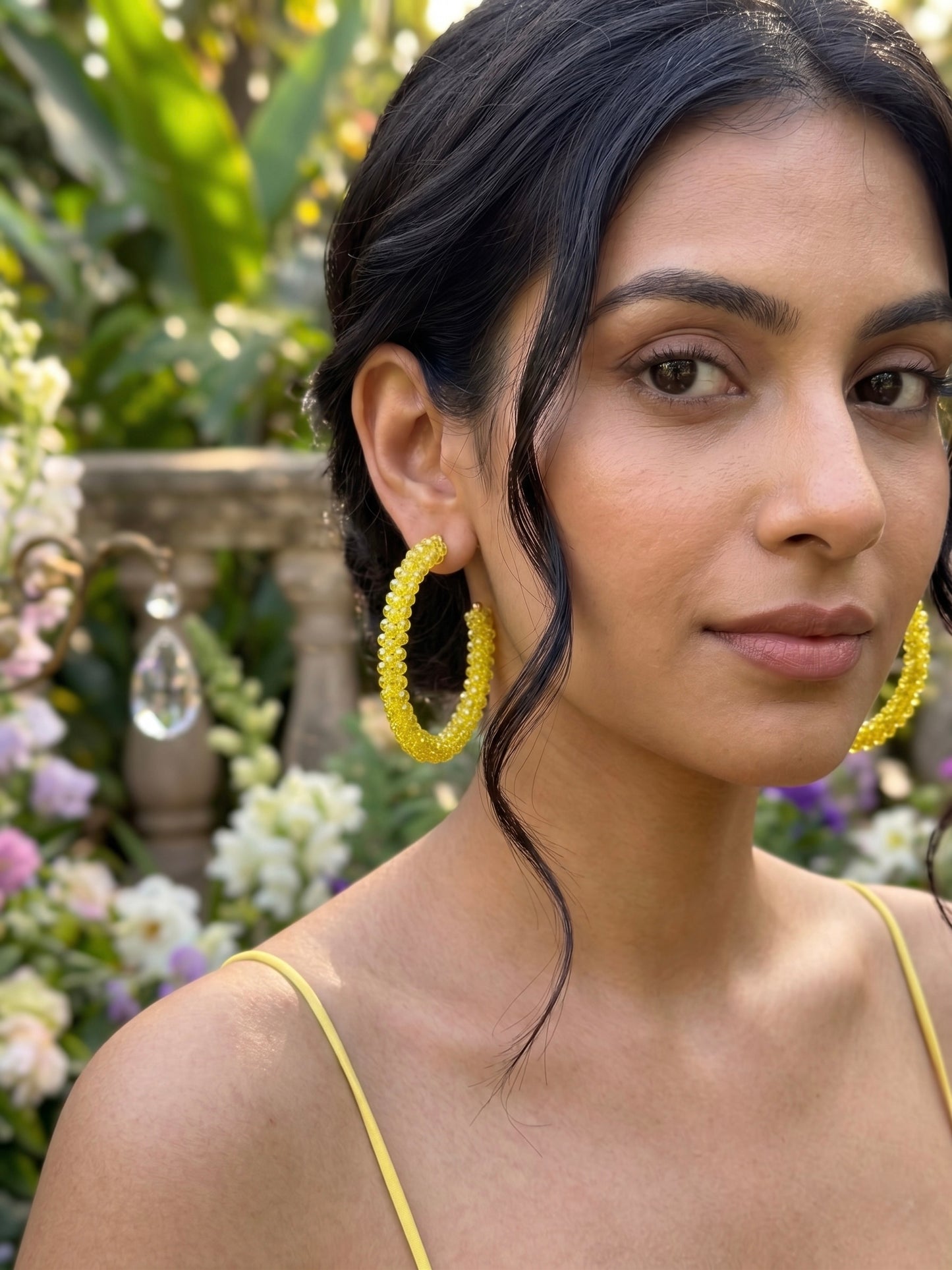 Woven Yellow Crystal Handmade Beaded Hoop Earrings