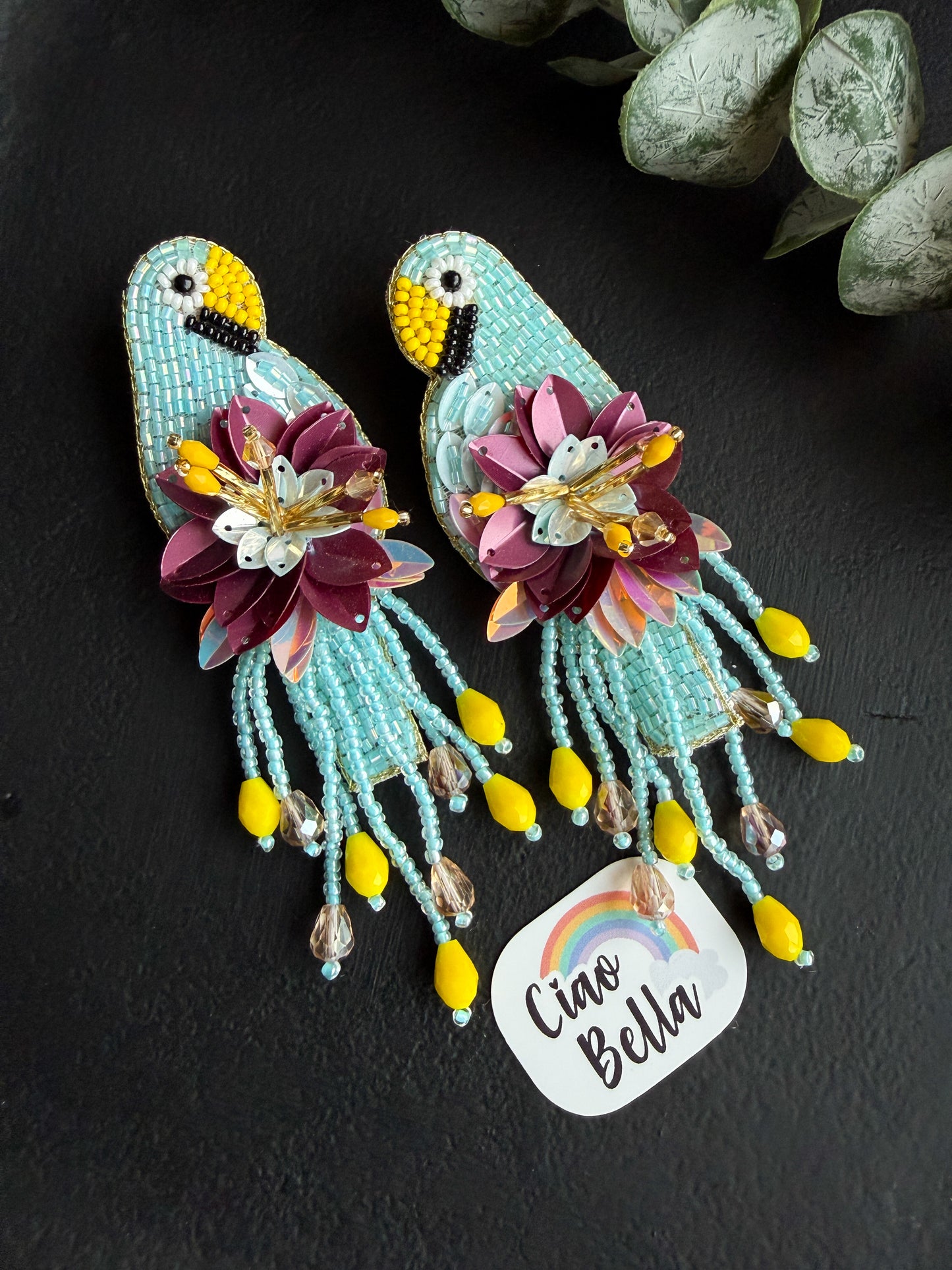 Luxe Paradise Aqua Blue Parrot Earrings Handmade Beaded Bird Earrings