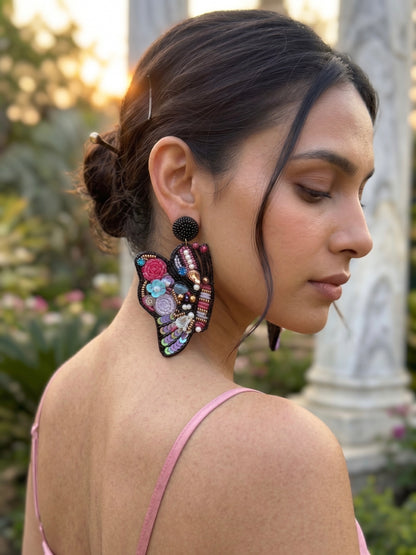 Kaleido Wings Black Handmade Beaded Butterfly Earrings