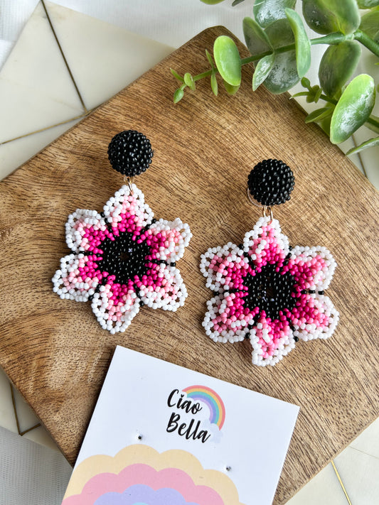 Blossoming Pink Flower Handmade Beaded Earrings