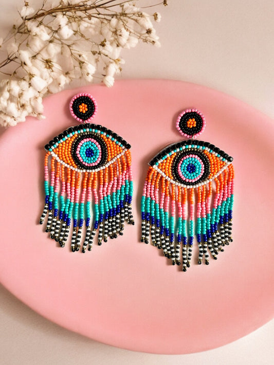 Sunset Evil Eye Tassel Earrings