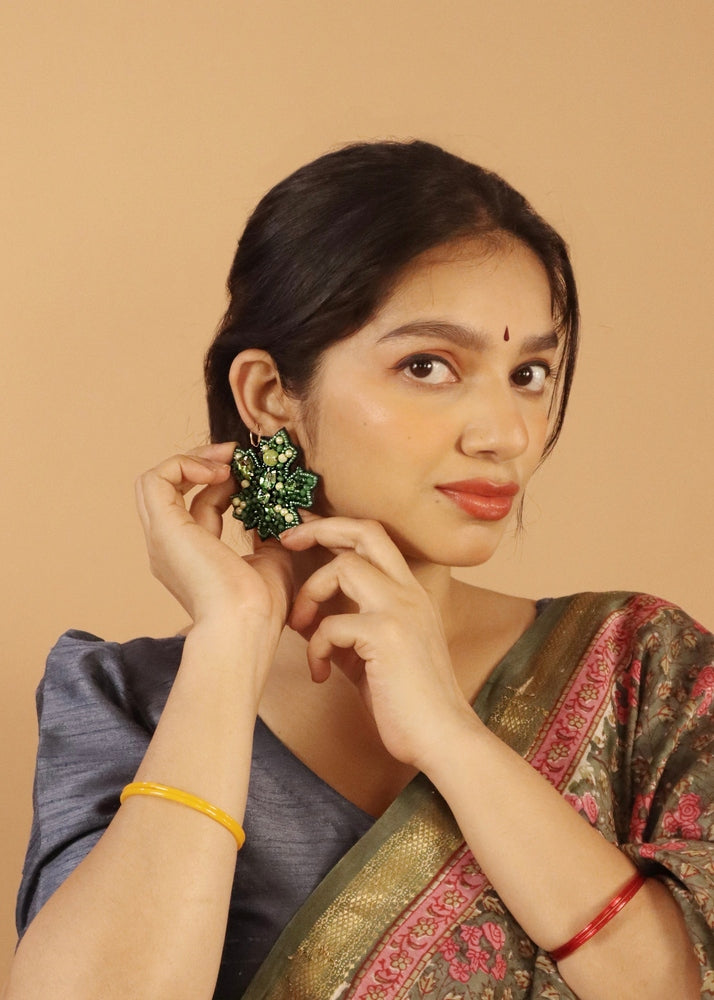 Green Autumn Leaf Handmade Beaded Earrings